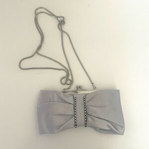 CLAIRES evening silver gray satin bow clutch bag with chain